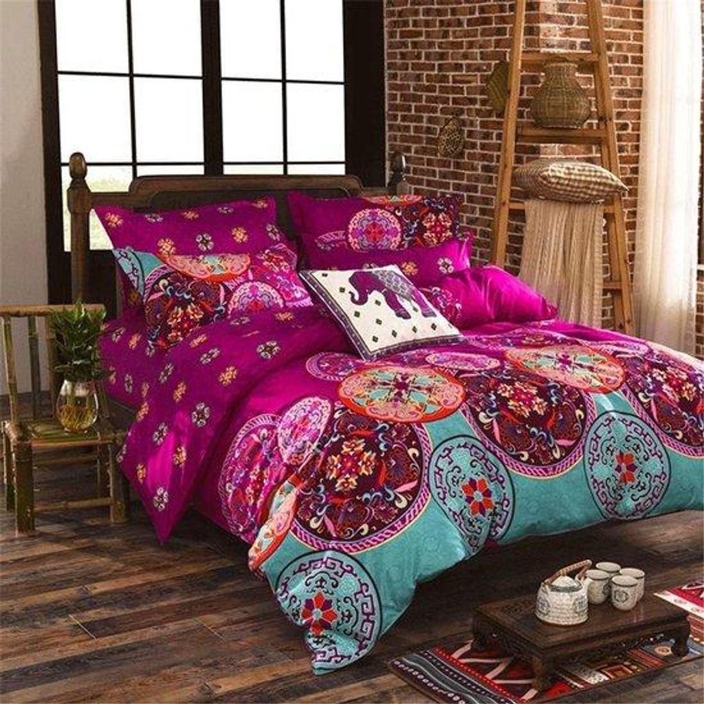 Bettwäsche, 135 x 200 cm, 4-teilig, exotisch, vintage, Boheem, fuchsia, turquoise, buntes Muster, 100% Mikrofaser, Bettdecke, Kissenbezug 80 x 80 cm