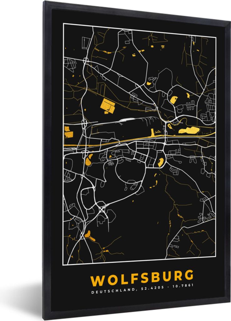 MuchoWow Gerahmtes Poster Schwarz und Gold - Stadtplan - Wolfsburg - Deutschland - Karte 40x60 cm - Poster mit Schwarzem Bilderrahmen Wandposter ...