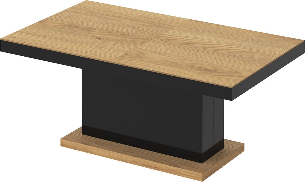 Design Couchtisch Tisch H-333 Eiche Natur - Schwarz Hochglanz höhenverstellbar ausziehbar Esstisch