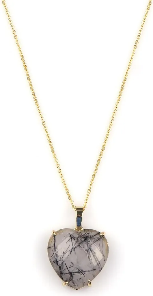 Pendentif cœur en quartz rutile et collier doré en pierre naturelle