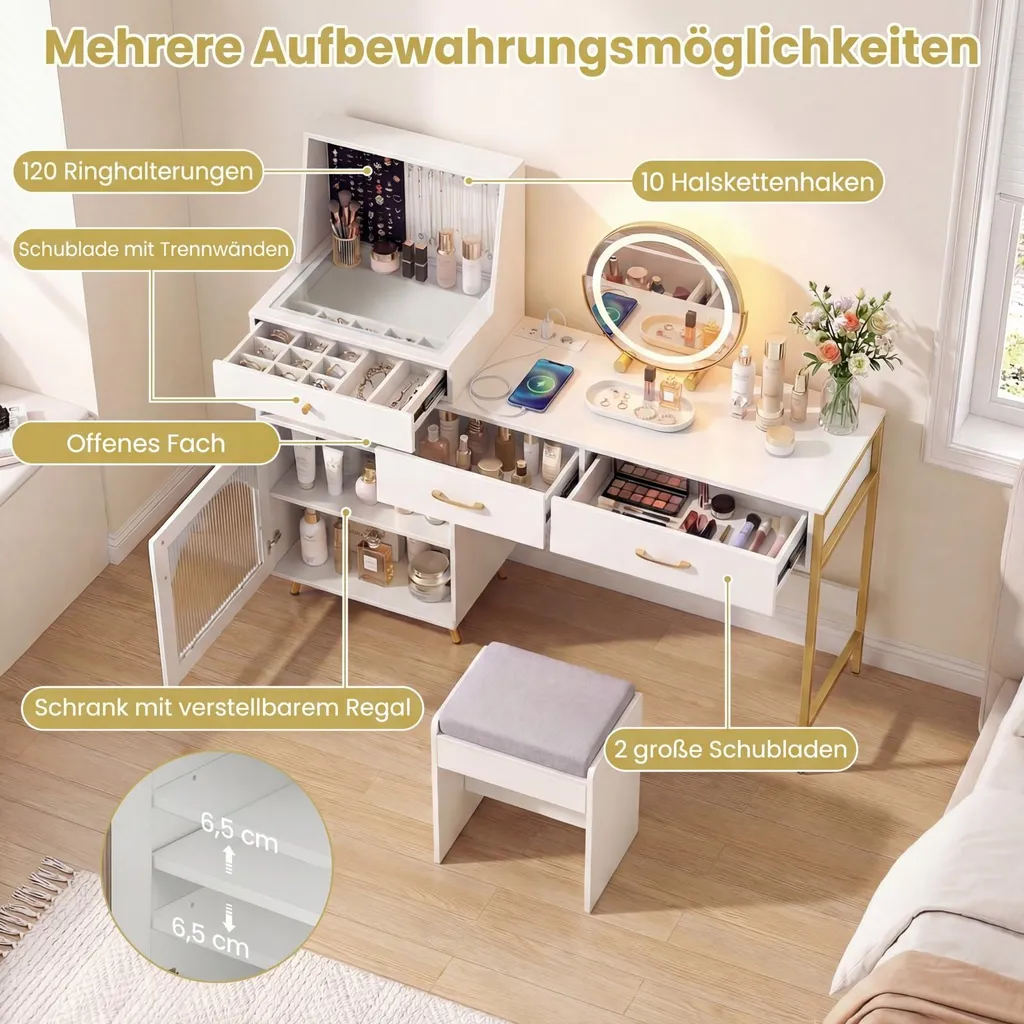 Coiffeuse avec Tabouret COSTWAY Miroir LED et Prises de Courant Intégrées - 7