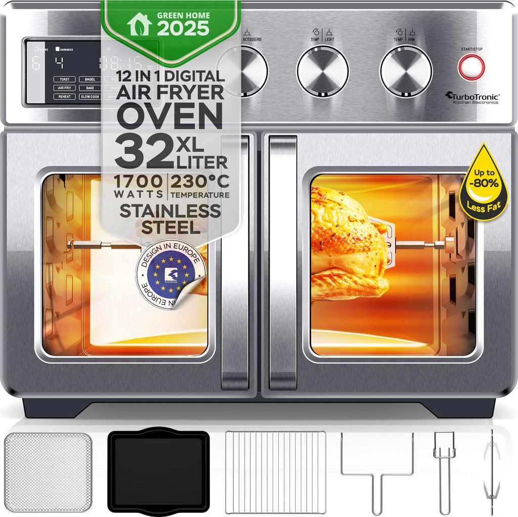 A TurboTronic digital air fryer oven is shown with various accessories laid out below it. The oven features a rotisserie with a chicken inside.