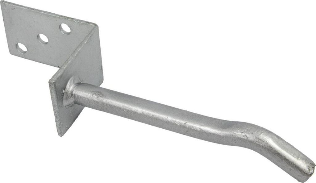 A metal L-shaped post anchor with a bent dowel for embedding in concrete.