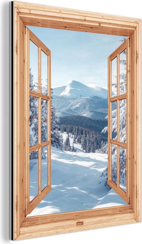 MuchoWow Wanddekoration Metall Metallbild Wandkunst 60x80 cm Durchblick - Winterlandschaft - Natur - Berg - Bäume - Holz MuchoWow Aluminium Gemäl...