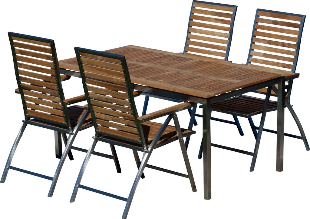 ALEOS. Gartengarnitur Edelstahl Teak Set: Tisch 160x90 cm + 4 Teak-Edelstahl Hochlehner, Sitzgruppe A-Grade Teak Holz - Gartenmöbel Set 4 Personen...