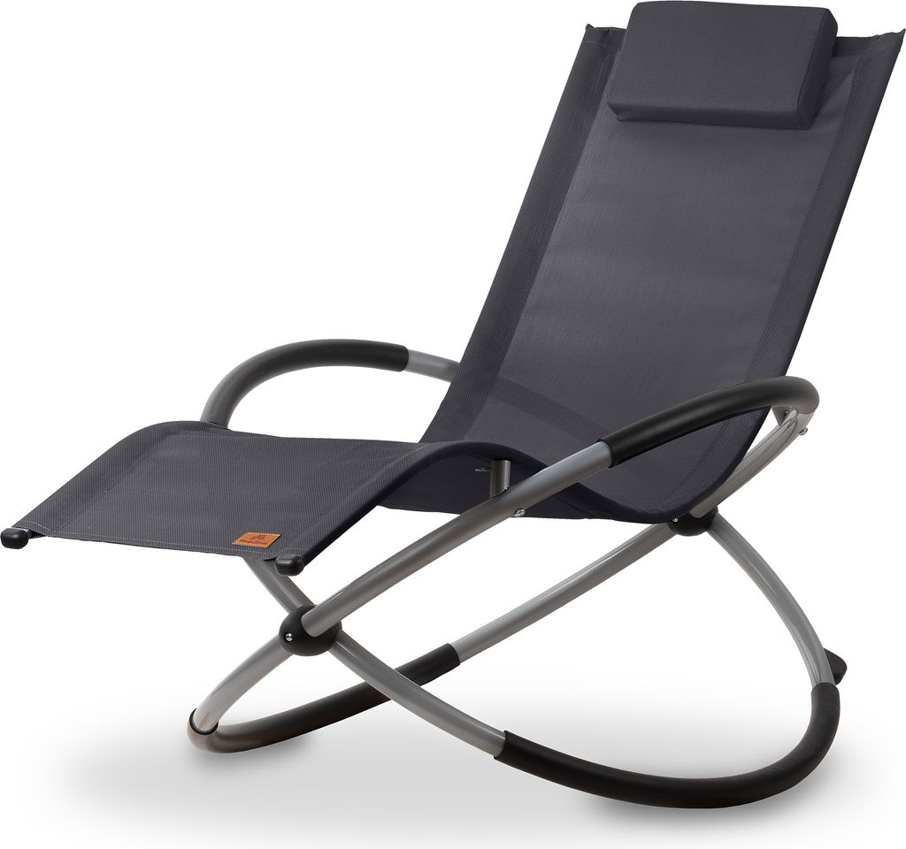 A dark gray lounge chair with a metal frame, shown on a white background.