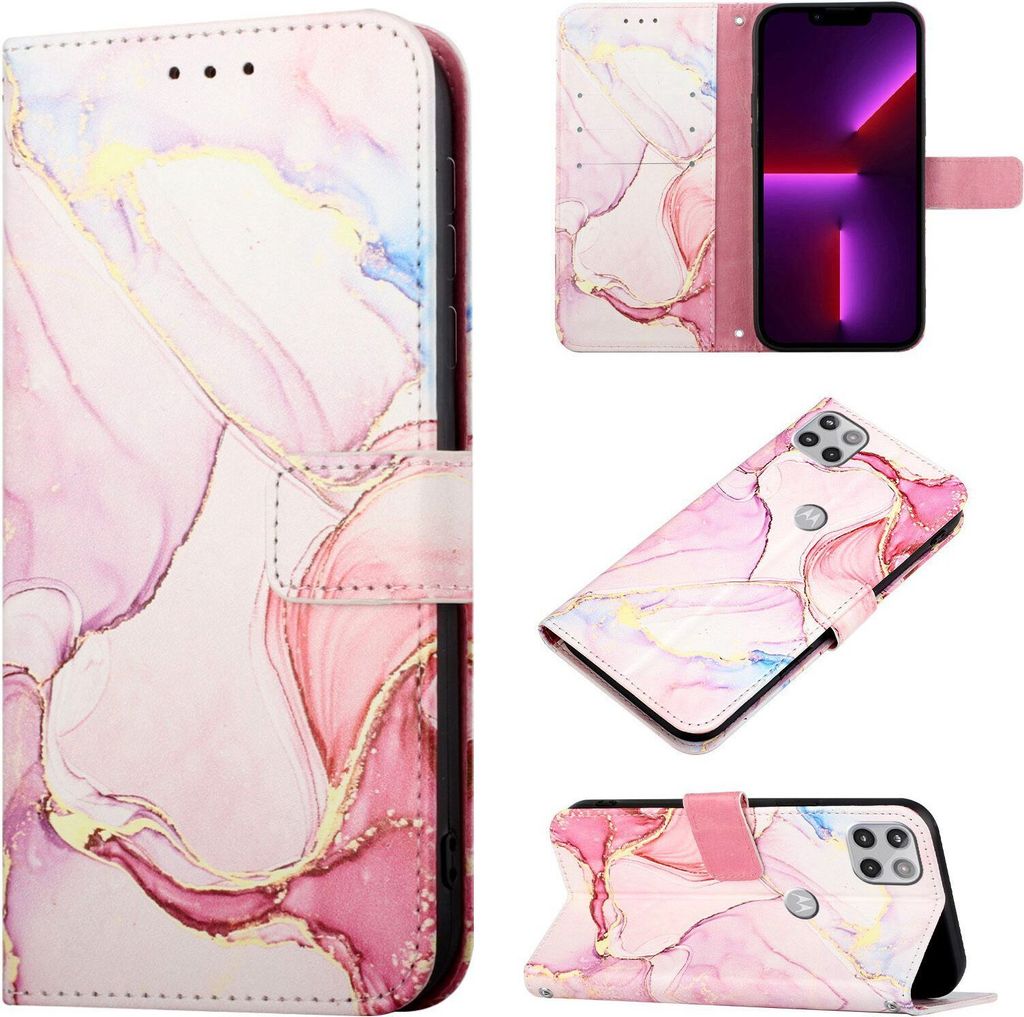 Moto One 5G Ace Hülle, Marmor Motiv Kunstleder Tasche Wallet Kartenfächer mit Standfunktion Klapp Schutzhülle für Motorola Moto One 5G Ace Pink...