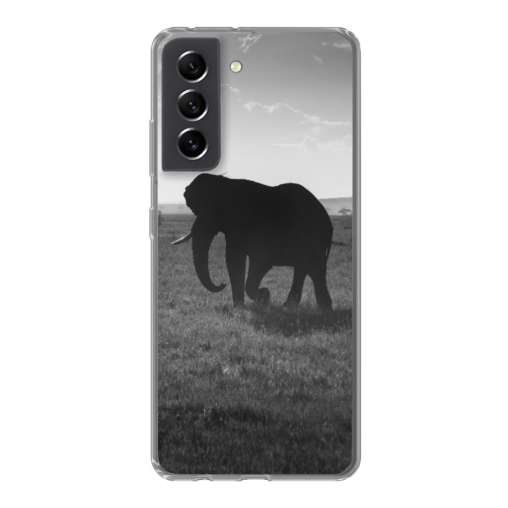 MuchoWow Handyhülle Schutzhülle Hülle für Samsung Galaxy S21 FE Elefant - Einfarbig - Tiere - Schwarz und weiß Silikon Softcase Handy Hülle...