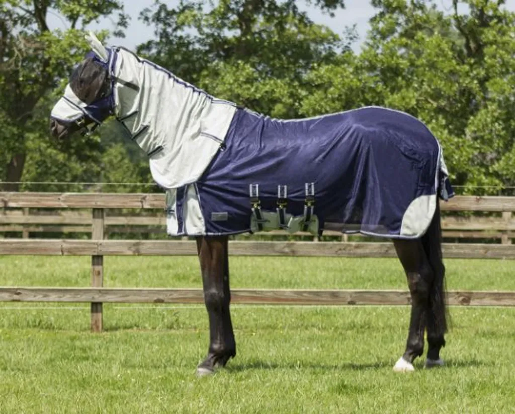 QHP Tappeto Cavallo 215 Blu - Set Anti-Insetti con Collo e Maschera