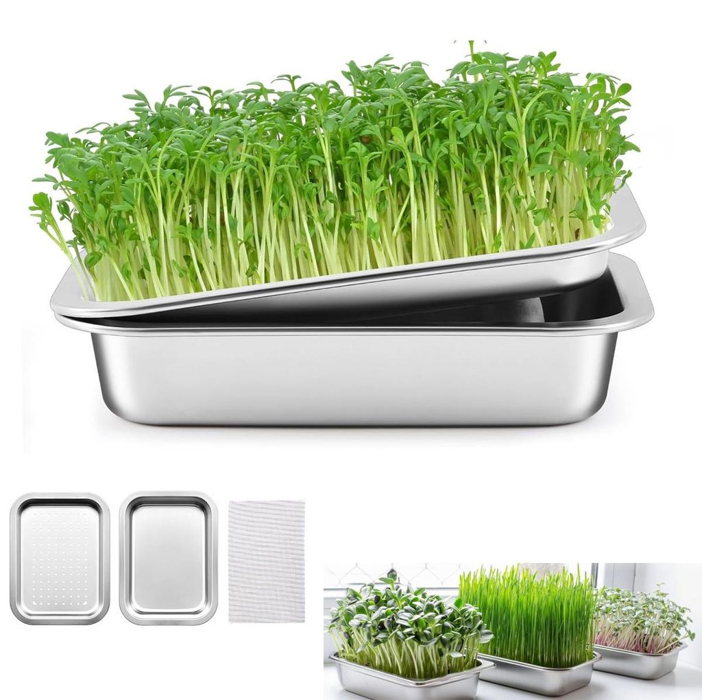 Microgreen Anzuchtstation 2er Set,Keimschale mit Edelstahl-Netz & Auffangschale, Ideal für Katzengras & Keimlinge, Spülmaschinenfest, 26,5 x 19,5 cm