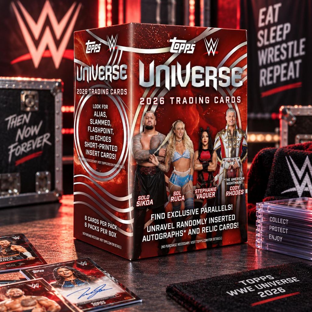 Boîte de cartes WWE Topps Universe 2026, en anglais Image du produit  Image générée par une IA