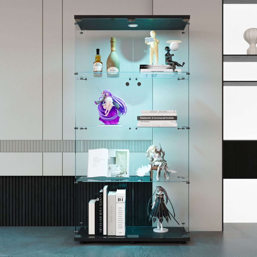 UnboxG Vitrine mit LED Beleuchtung und Glastüren, Vitrinenschrank mit Intelligente Sensorik, 4-Lagen Glasvitrine für Wohnzimmer Schlafzimmer Bür...