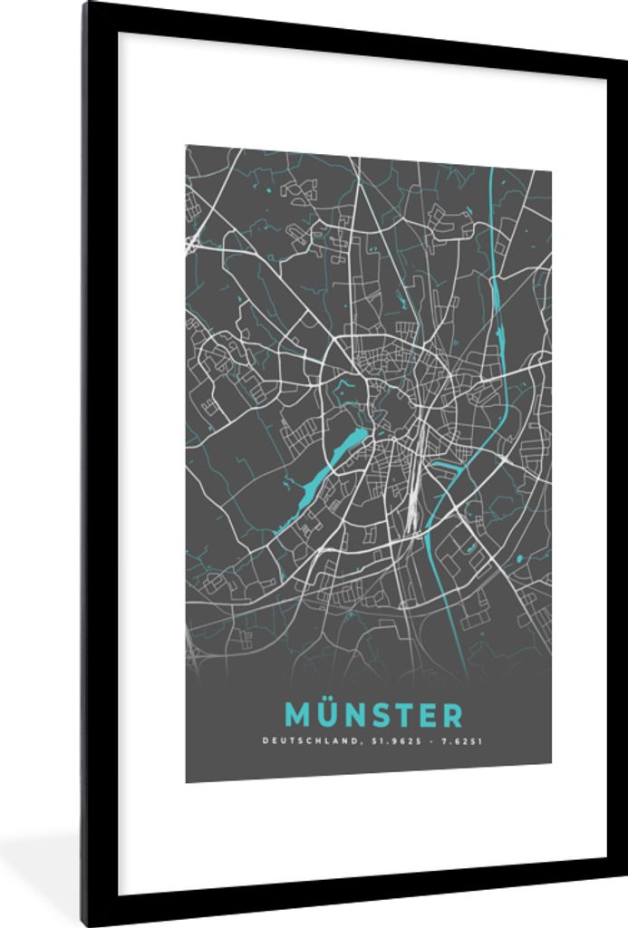 MuchoWow Gerahmtes Poster Deutschland - Blau - Münster - Stadtplan - Karte 60x90 cm - Poster mit Schwarzem Bilderrahmen Wandposter Rahmen Foto B...