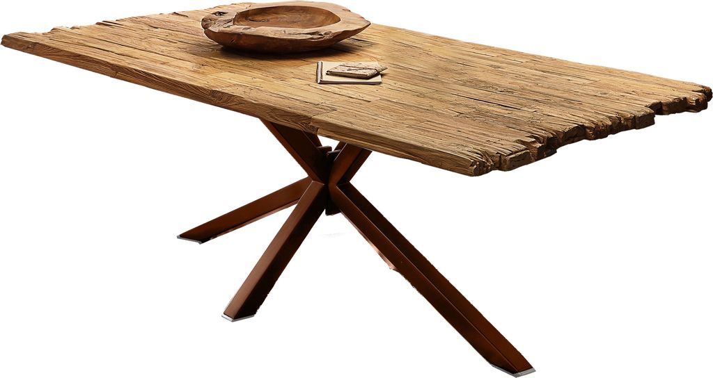 TPFLiving Tisch 240x100 cm Platte recyceltes Teak, Gestell Metall Platte natur, Gestell antikbraun