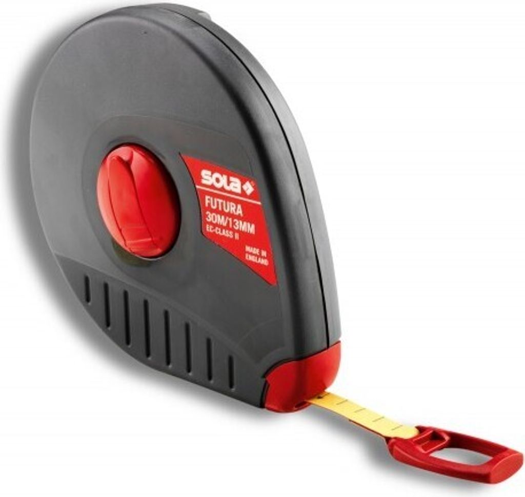 SOLA FUTURA - Maßband Glasfaser 10m / 13mm - gelb mit mm Skala - Genauigkeitsklasse II - Bandmaß mit Multifunktions-Endhaken - Metermaß Länge -...