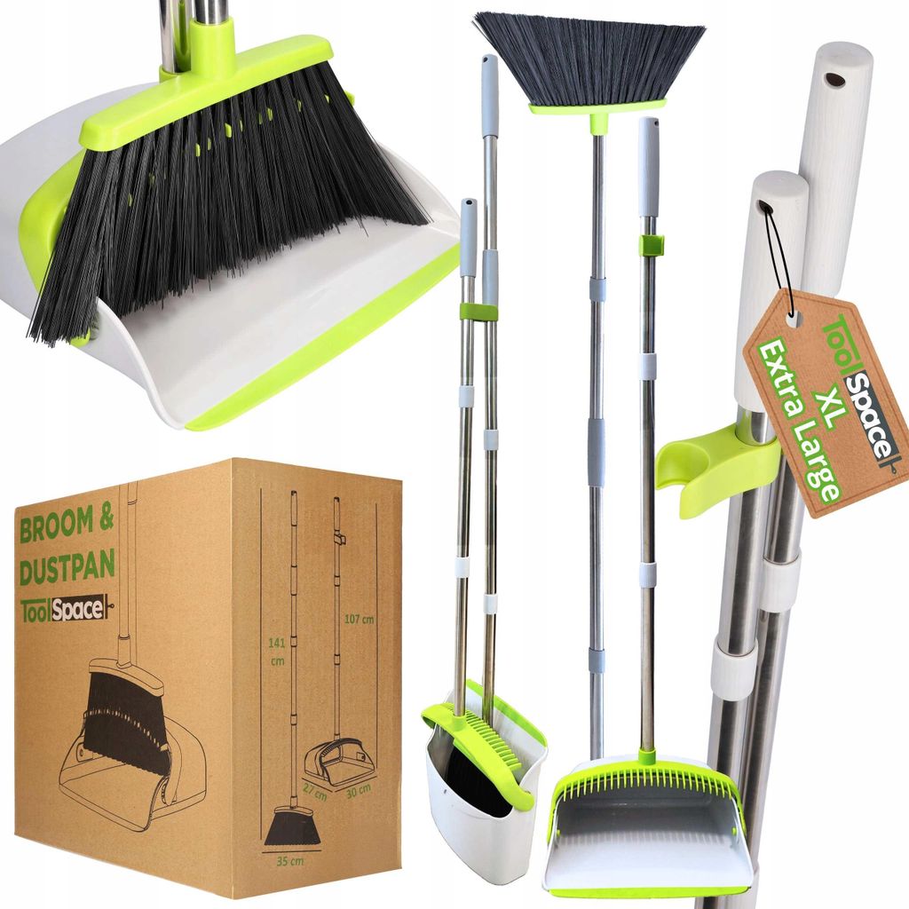 A collage of images showing a broom and dustpan set, its packaging, and close-ups of its features.