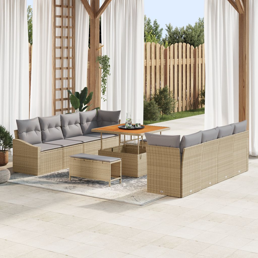 11-teiliges Garten Sofa Set mit Kissen Beige Poly Rattan Akazie, Gartensofas DesignMöbel Neu