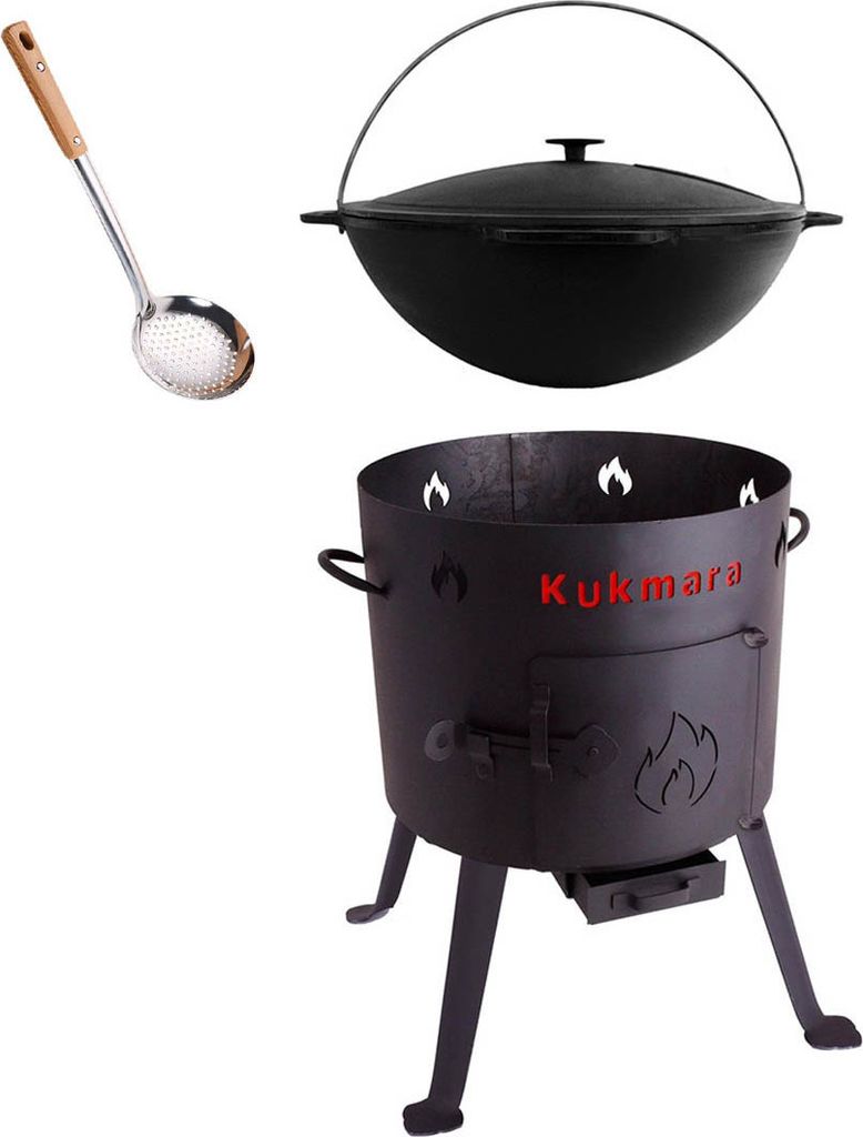 Set Utschak, 36 cm + 8 Liter Kasan Kazan aus Gusseisen Feldküche Gulasch-Kessel Feuer-Ofen Outdoor
