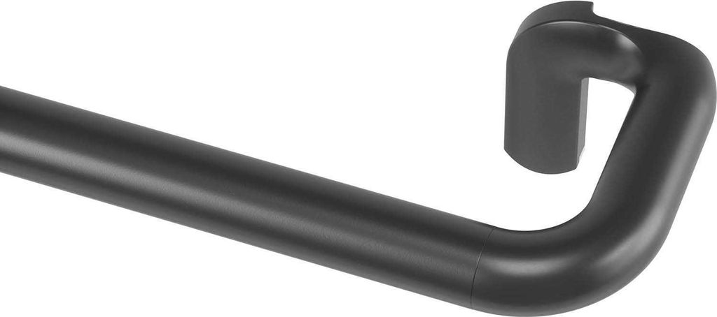 A close-up view of a black curtain rod with a curved end.