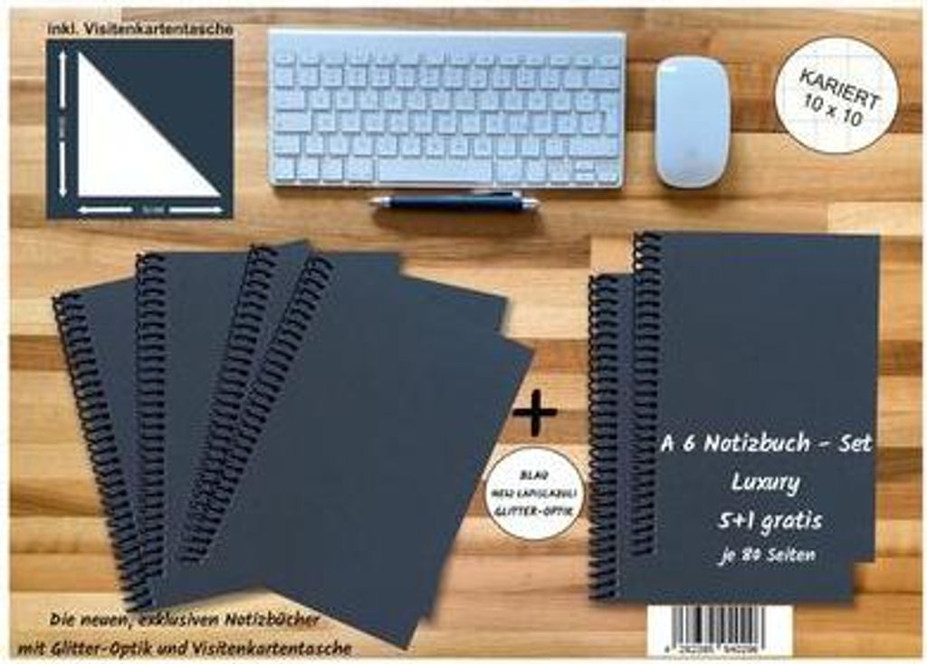 A 6 Notizbuch - Set, 4+2 gratis, Luxury 80 Seiten BLAU NEW LAPISLAZULI GLITTER-OPTIK, kariert 10x10mm