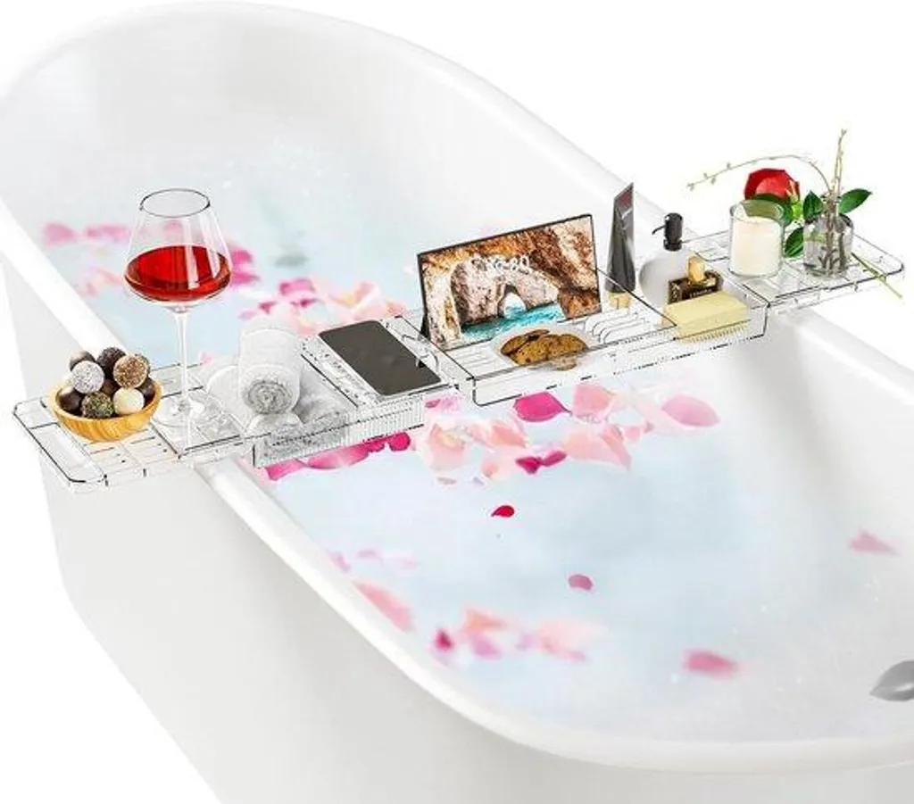 Plateau de bain avec écoulement d'eau et porte-verre, design bois réglable
