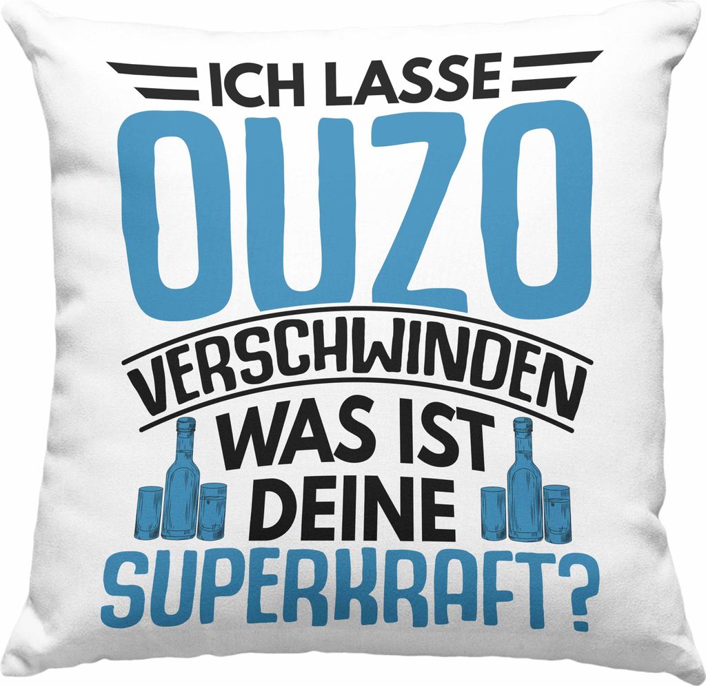 Trendation - Ouzo Schnaps Deko-Kissen mit Füllung 40x40 Geschenk Greiche Griechenland Geschenkidee Lustiger Spruch (Grau)