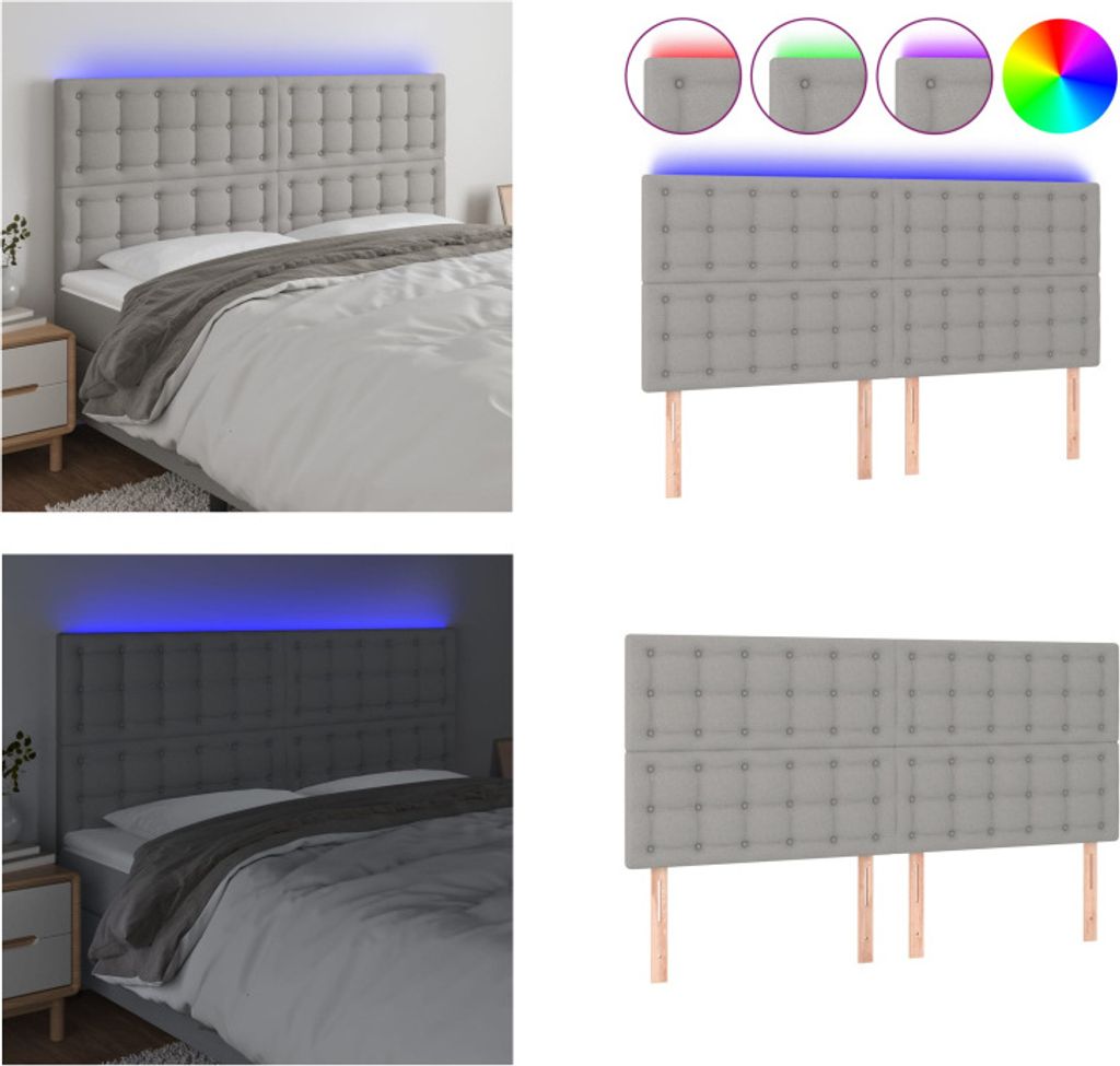 vidaXL LED Kopfteil Hellgrau 160x5x118/128 cm Stoff - LED Kopfteil - LED Kopfteile - Kopfteil - Bett-Kopfteil