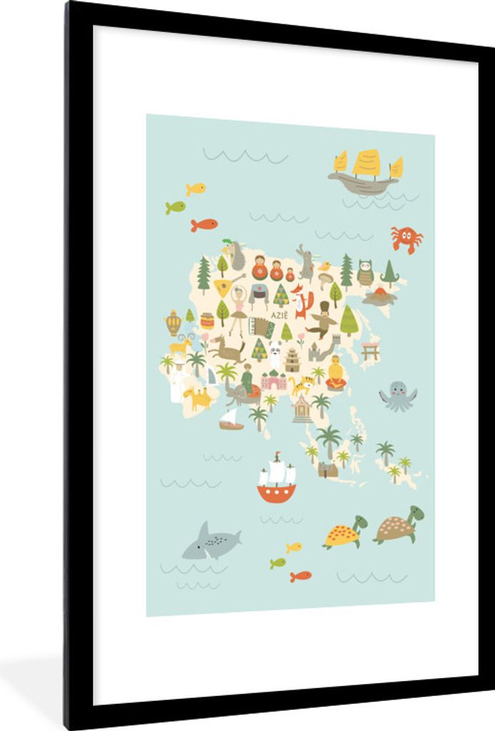 MuchoWow MuchoWow Gerahmtes Poster Weltkarte Kinder - Farben - Asien 60x90 cm - Poster mit zchwarzem Bilderrahmen - Dekoration - Wandposter Woh...