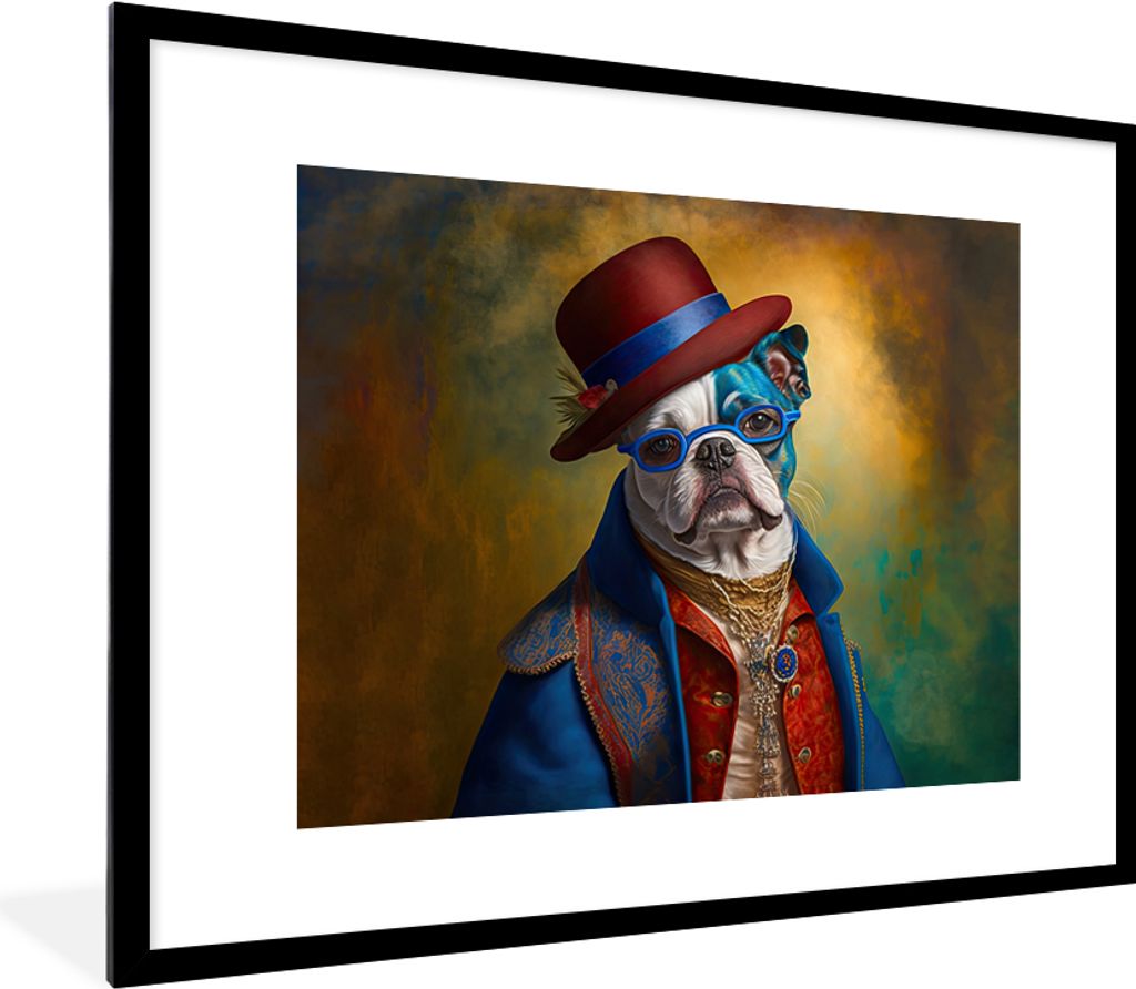MuchoWow Gerahmtes Poster Hund - Porträt - Kleidung - Hut - Abstrakt 80x60 cm - Poster mit Schwarzem Bilderrahmen Wandposter Rahmen Foto Bilder ...
