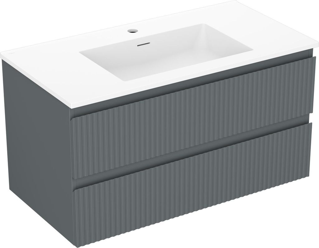 Mexen Rivel Badezimmerunterschrank 90 cm mit Waschbecken Otis, 2 Schubladen, geriffelt, graphit matt/weiß matt - 91A20-09047-2-?