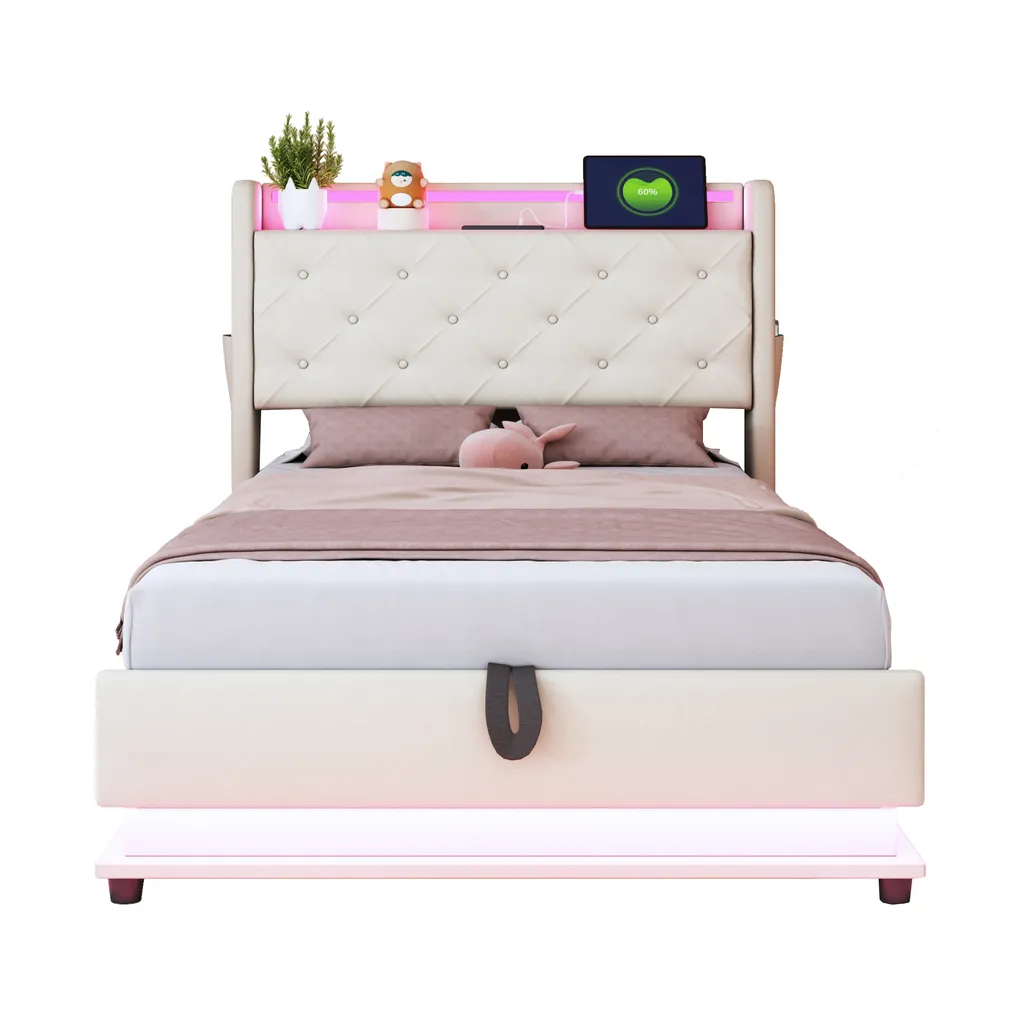 Lit d'enfant 90x200cm avec rangement hydraulique et prise USB beige