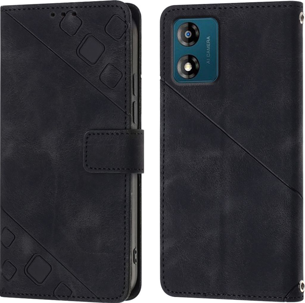 Hülle für Motorola Moto E13 Prägung Flip Leder Brieftasche Schutzhülle mit Ständer Schwarz