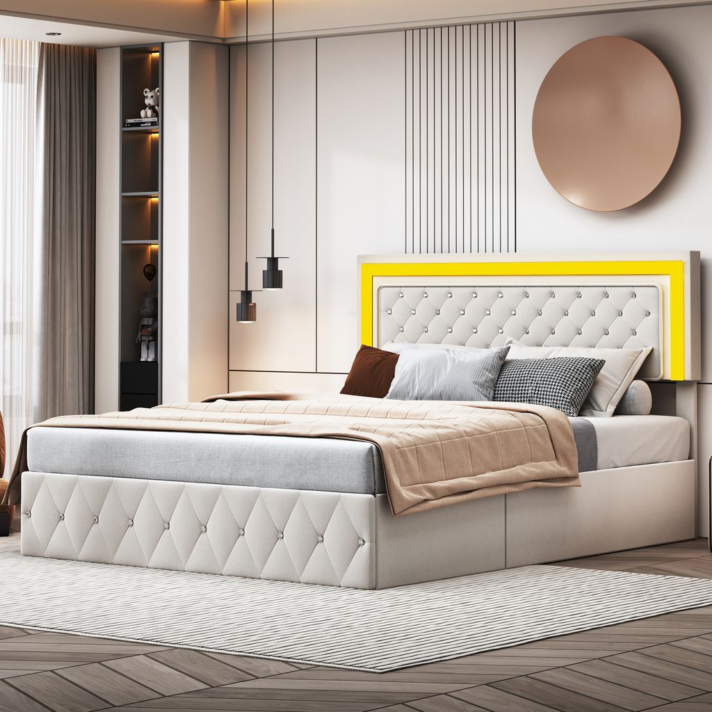 140x200 cm Samtbett mit Stauraum - Mit LED und Lattenrost - Doppelbett mit Stauraum - Beige