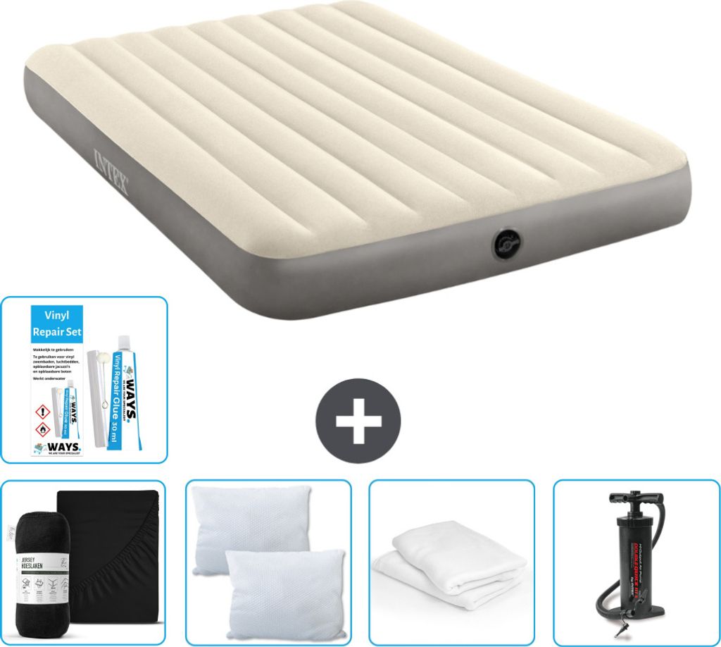 Intex Luftbett – 2 Personen – 152 x 203 x 25 cm – Beige – im Lieferumfang enthalten Spannbettuch - Küssen - Pumpe - Reperaturset en Kissen...