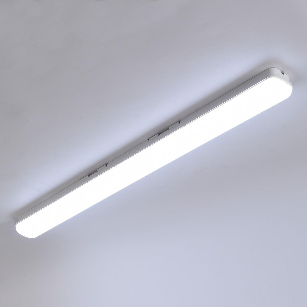 A linear LED light fixture mounted on a white ceiling.