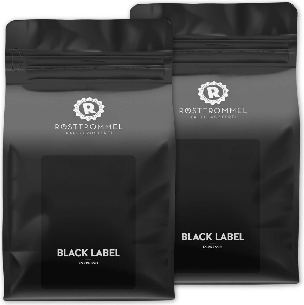 RÖSTTROMMEL BLACK LABEL - Special Blend ESPRESSO, Ganze Kaffee-Bohnen 2x1kg, 50% Arabica, 50% Canephora, Röstung 8.5/10, 50% Brasilien, 50% Indie...