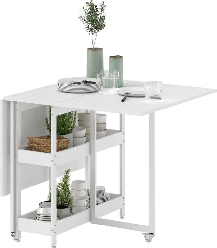 Table de cuisine escamotable blanche avec rangements ouverts 133cm