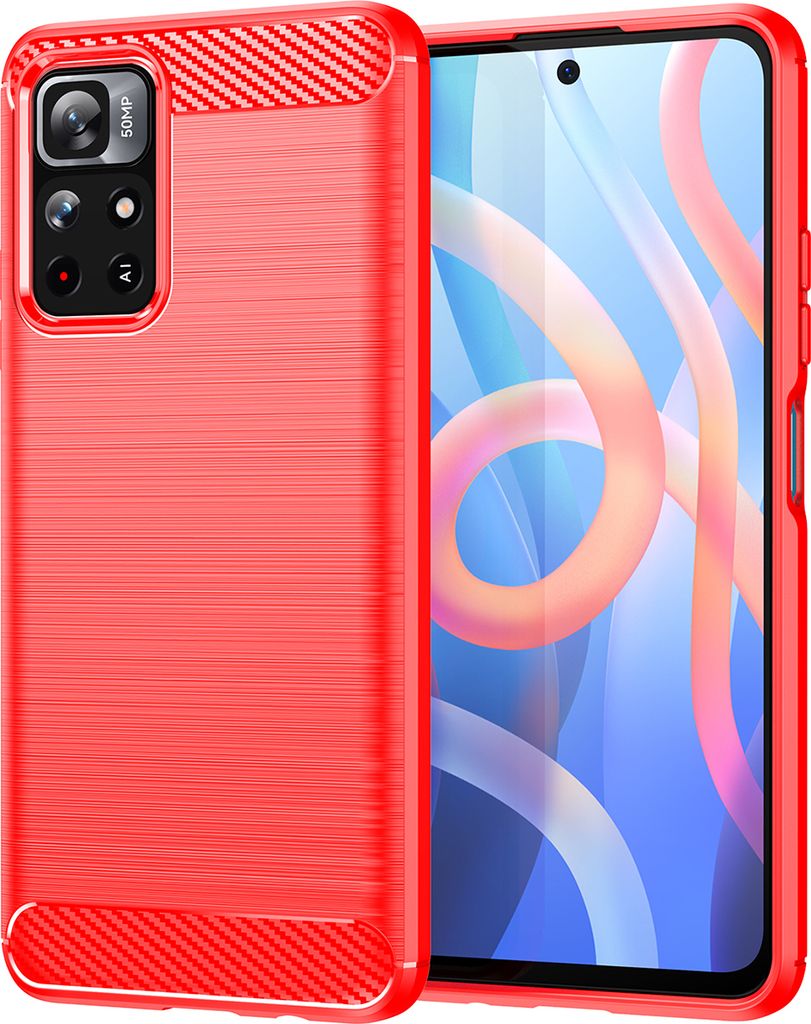 Xiaomi Poco M4 Pro 5G Hülle, Carbon-Faser TPU Silikon Stoßfest Schutzhülle für Xiaomi Poco M4 Pro 5G Rot