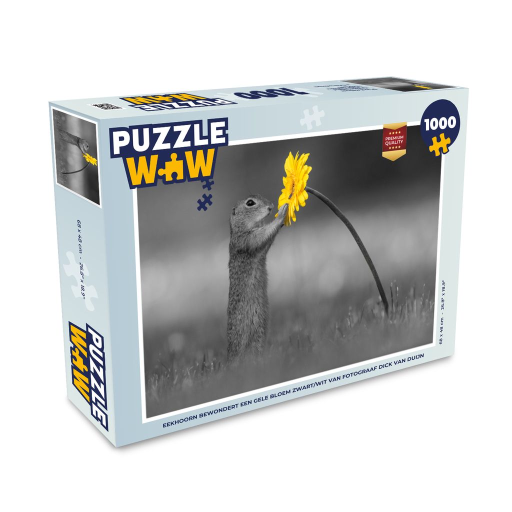 MuchoWow Puzzle 1000 Teile Eichhörnchen bewundert eine gelbe Blume schwarz und weiß von Fotograf Dick van - Erwachsene - Rätsel