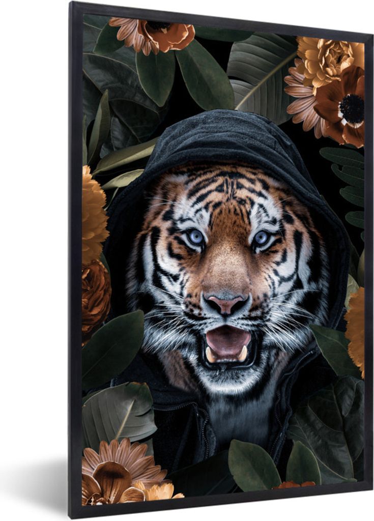 MuchoWow MuchoWow Gerahmtes Poster Tiger - Blumen - Orange 60x90 cm - Poster mit zchwarzem Bilderrahmen - Kunst