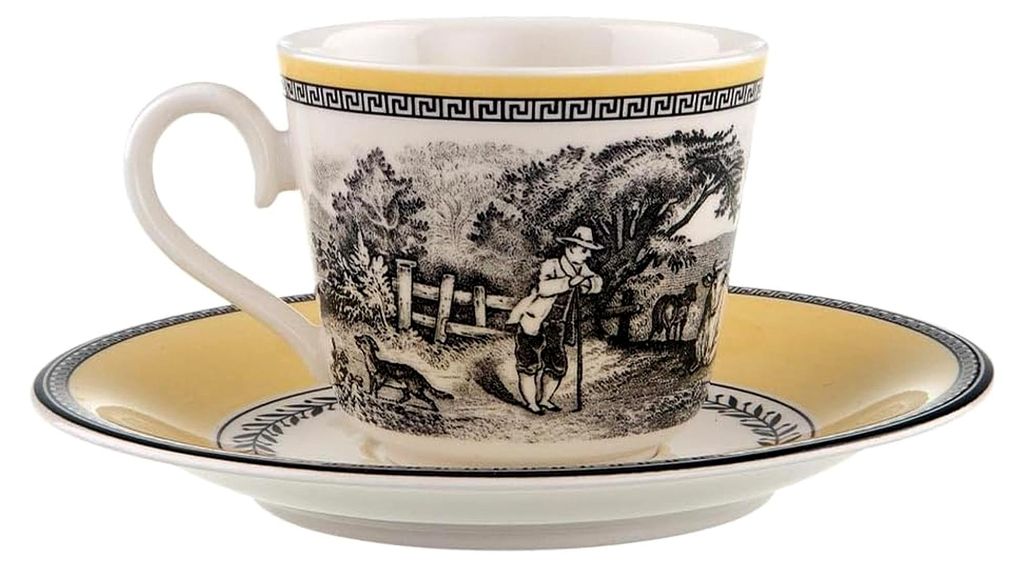 Kaffeetassen mit Untertassen, 12-teilig | für 6 Personen, 150 ml, Kupferstich-Stil, Porzellan, Weiß/Grau/Gelb