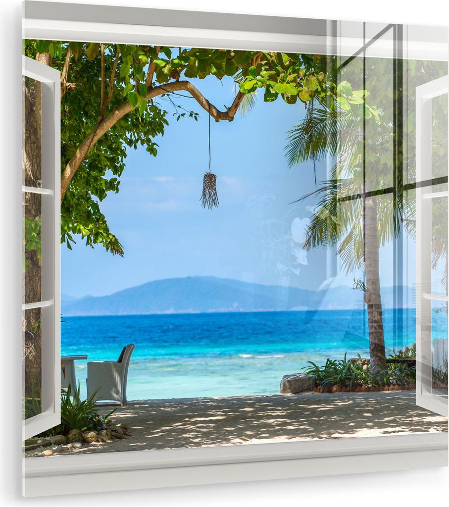 MuchoWow Glasbilder - Bilder auf Wandbild - Foto auf Glas Aussicht - Baum - Meer - Palme - Hügel - Strand - Blau 20x20 cm Wanddekoration aus Glas ...