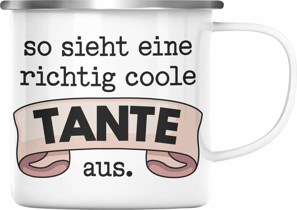 Trendation - Beste Tante Geschenk Emaille Tasse mit Spruch Emaille Emaille Tasse für Coole Tante (Silber)