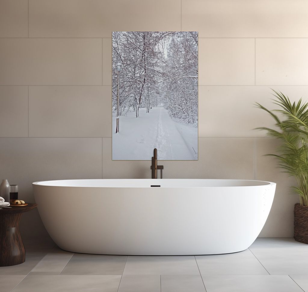 Wallario wasserfestes Poster selbstklebend 91,50 x 61 cm, Verschneiter Spazierweg, Badezimmerposter Spritzschutz mit Hochglanzoberfläche in Glasoptik
