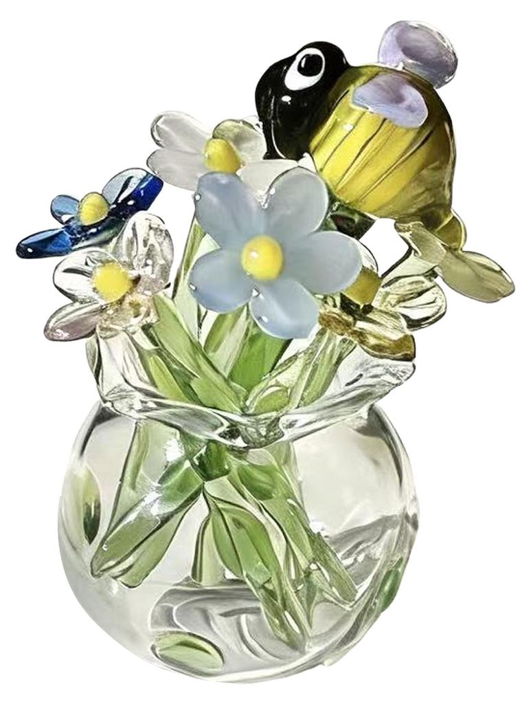Miniatur-Glasblumenfigur, kleiner handgeblasener Kunstkristall-Blumenstrauß in Vase mit Schmetterling/Vogel/Biene, Sammlerstück, Tischdekoration ...