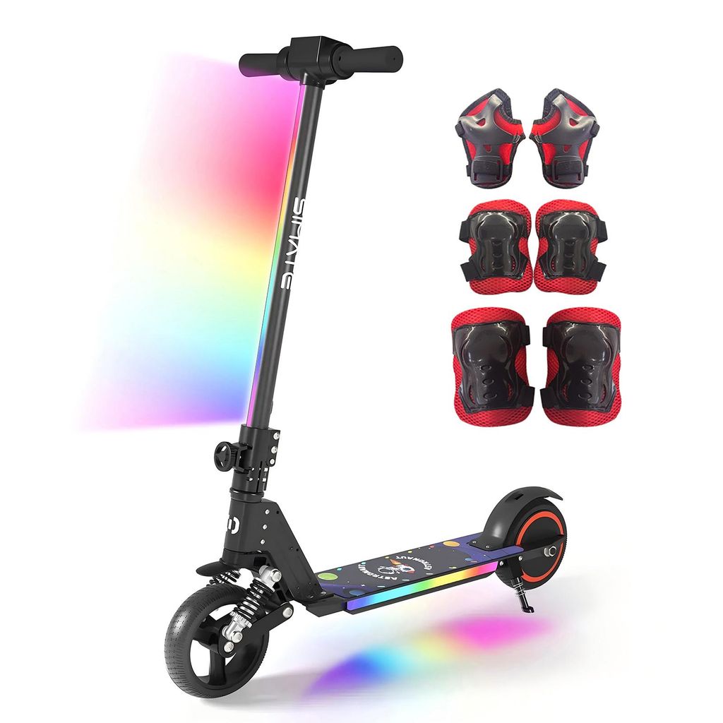 Elektroroller Kinder mit Schutzausrüstung, Elektroscooter Für 6–12 Jahre, 130W, 14 km/h, 5–8 km, LED-Display, Stoßdämpfer, Klappbar E-Scoot...