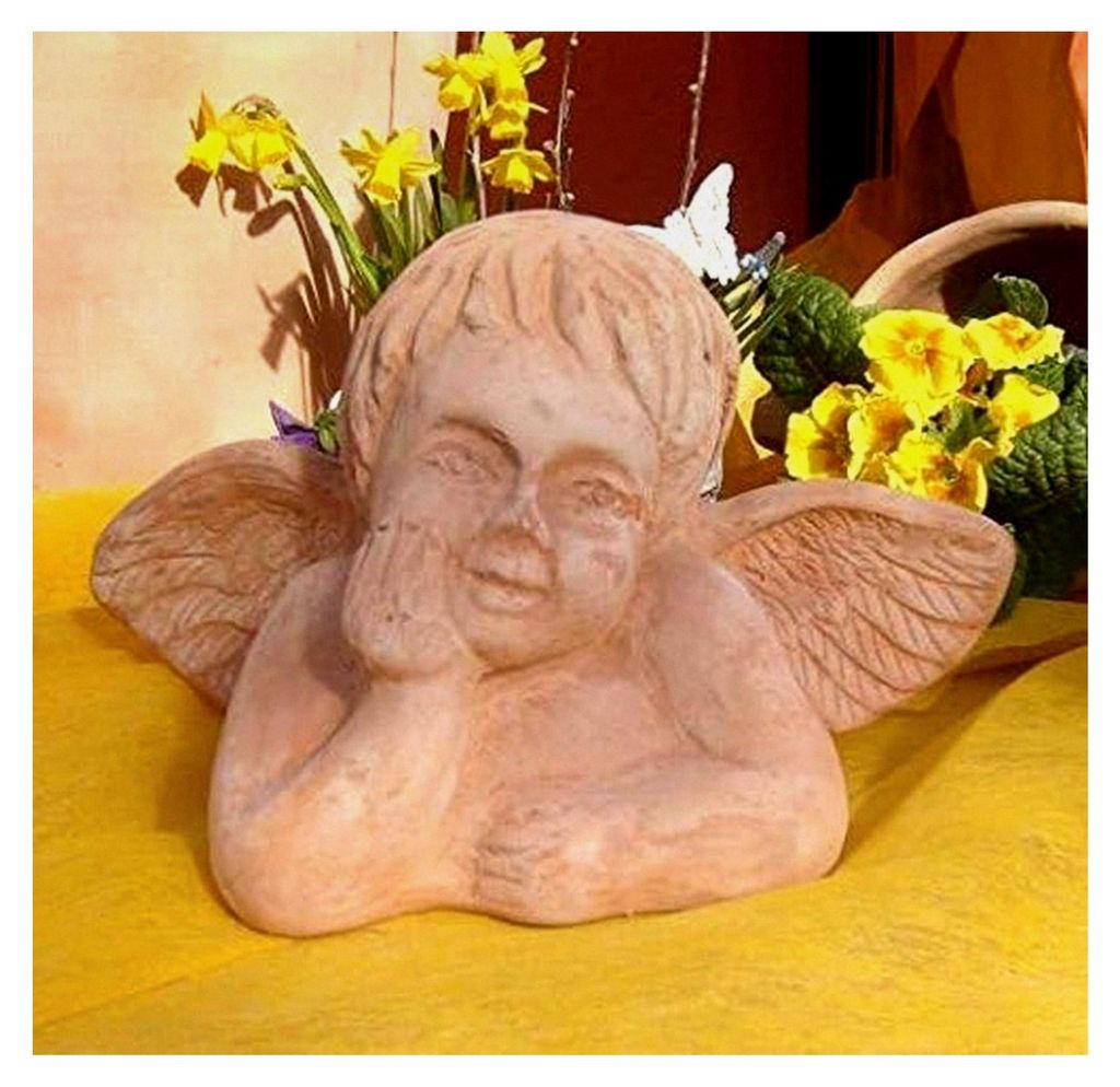 Engel aus Terracotta Garten Deko Figur Kopf Nikolaus Weihnachten Grab Trauer Beerdigung Totensonntag Volkstrauertag