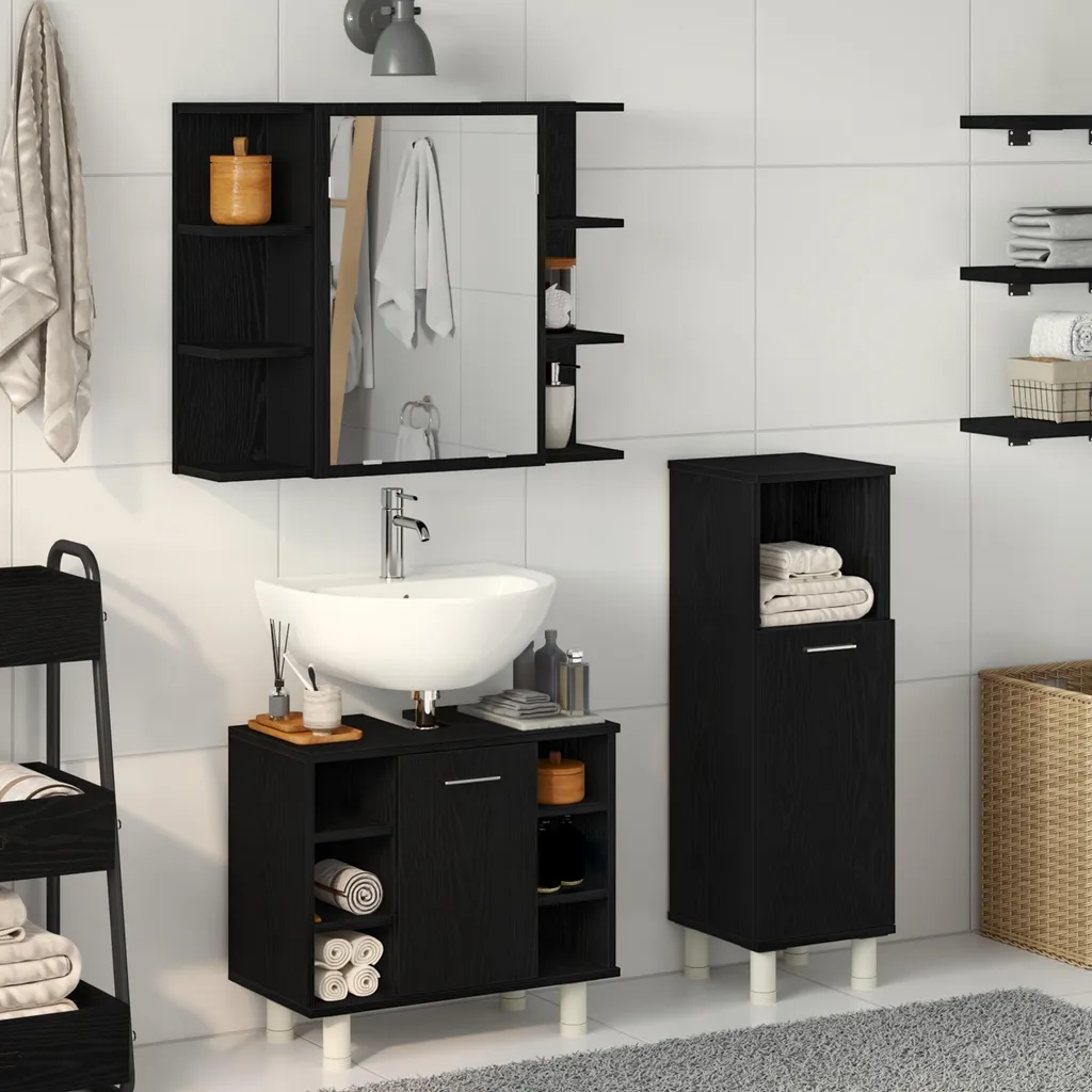 Meuble de salle de bain 3 pièces noir avec étagère en bois robuste