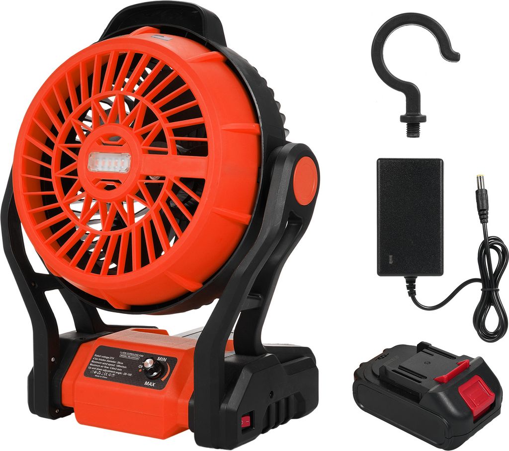 8 Zoll Campingventilator mit LED-Laterne, 1500 mAh, 270° Kopfdrehung Tischventilator mit Aufhängehaken für Picknick, Grillen, Angeln, Reisen