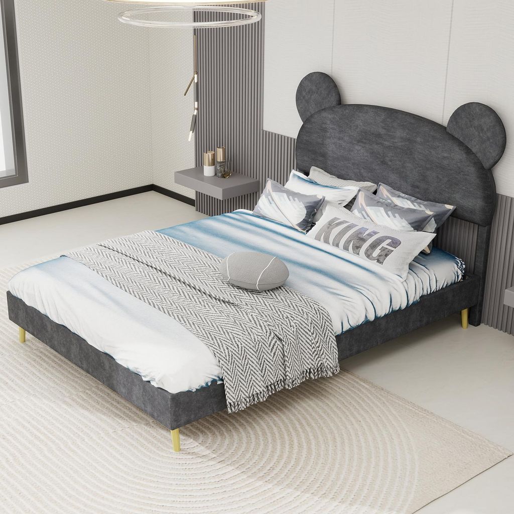 MODFU Einzelbett 140x200 mit Matratze Cartoon-Form-Polsterbett Bettgestell aus strapazierfähigem Density Fibreboard,Bettrahmen mit weichem Kopftei...